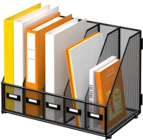 DALTACK Desk Organizers Metal Desk Magazine File Holder Letter Tray with 5 Vertical Compartments Folder Storage for Office Home School, Black