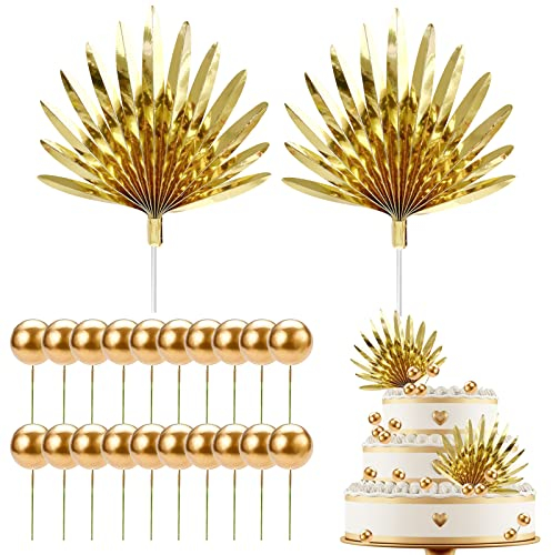 22 Pcs Palm Leaf Fan Cake Topper Set, 2 Pcs Big Paper Palm Fan Cake Toppers with 20 Pcs Ball Cake Toppers DIY Palm Spear Leaf Cupcake Toppers for Birthday, Wedding, Party Decoration(Gold)