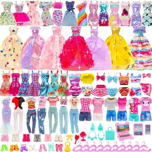 Miunana 63 Puppenkleidung Kleidung für Puppen = 15 Kleider 4 Tops Outfits 4 Hosen 3 Abendkleider 3 Badenanzüge 37 Kleiderbügel Schuhe Zubehör für 11,5 Zoll Mädchen Puppen