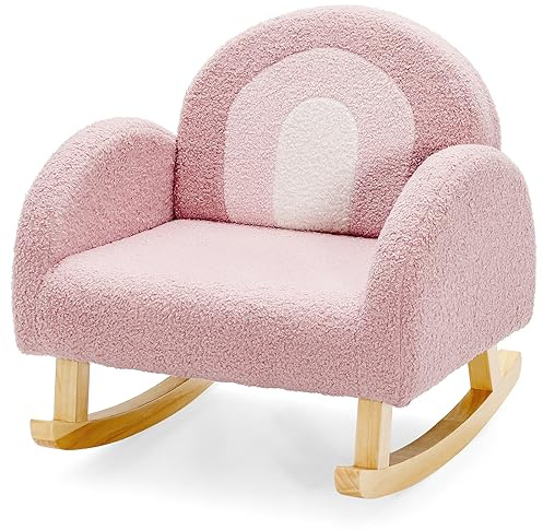 GOPLUS Kindersessel, Kindersofa Schaukelsessel aus Veloursstoff mit Rückenlehne & Massivholzbeinen, gepolsterter Kinderstuhl für Kinderzimmer Spielzimmer, für Kinder 3-5 Jahre (Pink)