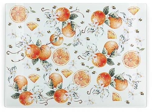 Tangerines Glass Chopping Board - Citrus Fruits & Bees Rectangular Large Worktop Protector - Smooth Board Kitchen Cutting Board Worktop Saver with Non-Slip Feet 39cm x 28.5cm (15 x 11)