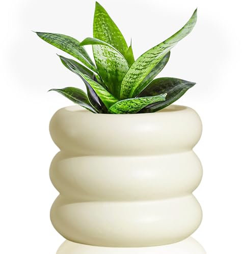 Cusmation 4.7 Inch Modern Plant Pot Beige Ceramic Glaze Succulent Planters for Indoor Unique Pots, Planter with Drainage Holes Small Bubble Porcelain for Herb Snake Plants