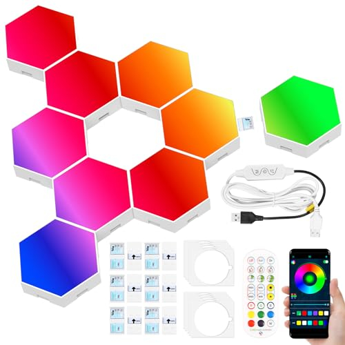 Fyeme LED Sechseck Gaming Wandleuchte LED Sechseck Gaming Wandleuchte mit Fernbedienung Bluetooth-Musikmodus LED Magic Panel für Gaming/Party/Wohnzimmer Deko (8 PCS)