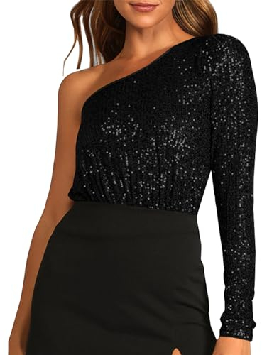 Happy Cherry Damen Elegant Glitzer Pailletten Body Frauen One Shoulder Oberteil Schulterfrei Langarm Blusenbody Rückenfrei Einteiler Festliche Bodysuit M