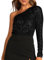 Happy Cherry Damen Elegant Glitzer Pailletten Body Frauen One Shoulder Oberteil Schulterfrei Langarm Blusenbody Rückenfrei Einteiler Festliche Bodysuit M
