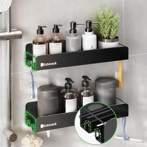 Kitstorack Estanteria Baño, 2 Piezas Estanteria Ducha Sin Taladro Estanteria Ducha Estanteria Baño Adhesivo con 4 Ganchos Organizador Accesorios Baño para Baños, Cocinas, Salas de Estar Negro