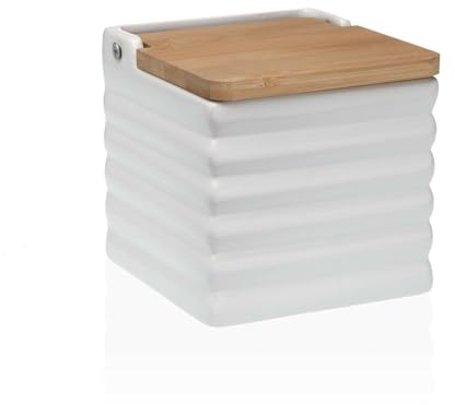 Versa Salero con Tapa Rayas Blanco Cerámica Bambú Dolomita 11 x 11 x 11 cm - Marca EAN: 8420327541468