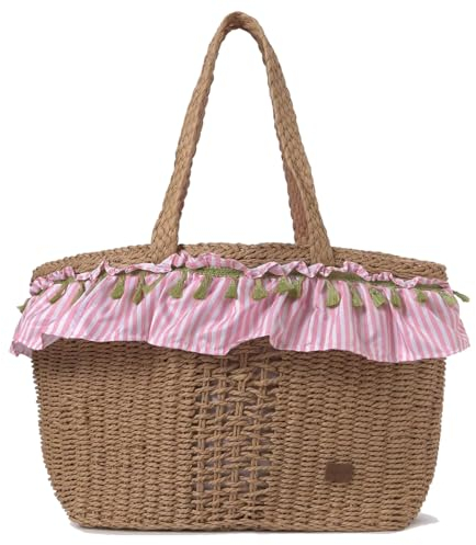 Mayoral - Bolsa de playa grande bebé - Cesta Capazo para mamá y verano – tamaño familiar bolso de hombro - Rafia resistente y ligera - Cierre con cordón e interior forrado con popelín estampado