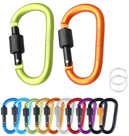 MORAINJAY Moschettone portachiavi con chiusura a vite, a forma di D, in alluminio, 2 pezzi, verde, arancione, moschettoni da arrampicata, per campeggio, pesca, escursioni, viaggi, attività all'aperto