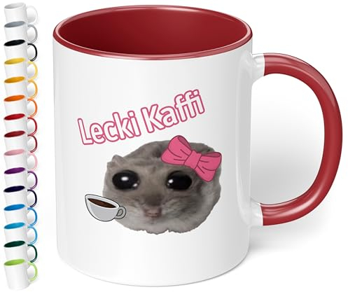 True Statements Lustige Keramik-Tasse „Lecki Kaffi“ - 330ml Kaffeebecher - berühmter Hamsti Hamster - pelziger Freund sorgt für gute Laune (Bordeaux)