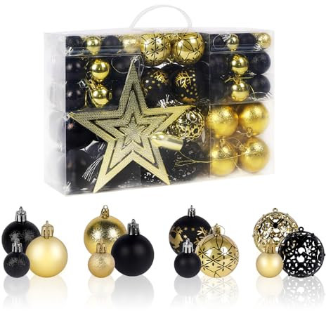 Agoer 101 Christmas Baubles Ornaments Black & Gold,3/4/6cm Mixed Christmas Balls Shatterproof +Bead Chains+Tree Topper,Exquisite Plastic Baubles for Xmas Holiday Wedding Party Home Festival Decor