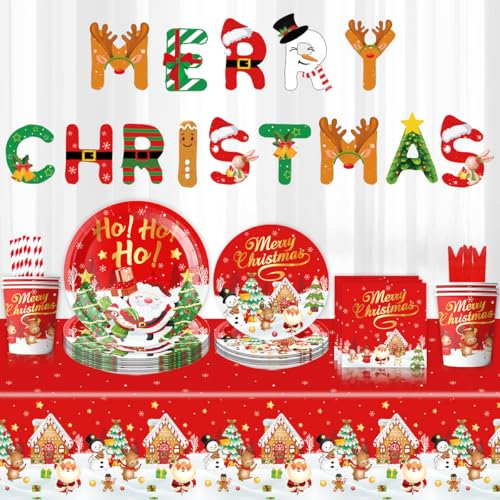 CSYY Weihnachten Partygeschirr, 82 Stück Partyzubehör Pappteller Set 20 Gäste Wiederverwendbar Papier Geschirr Set einschließlich Tischdecke + Teller + Becher + Servietten + 2.2m Cartoon Flagge