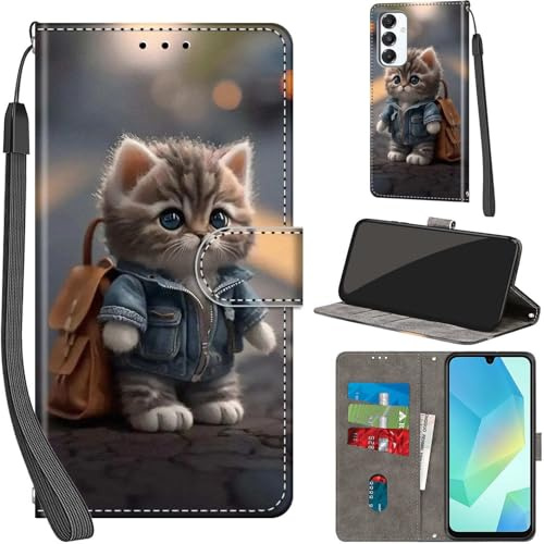 Haninsuze Handyhülle für Samsung Galaxy A16 4G/5G Hülle, Katze | PU Leder, Klappbar, Kartenfächer, Ständer, Kameraschutz, Brieftasche, Magnet, Stoßfeste, Muster Motiv