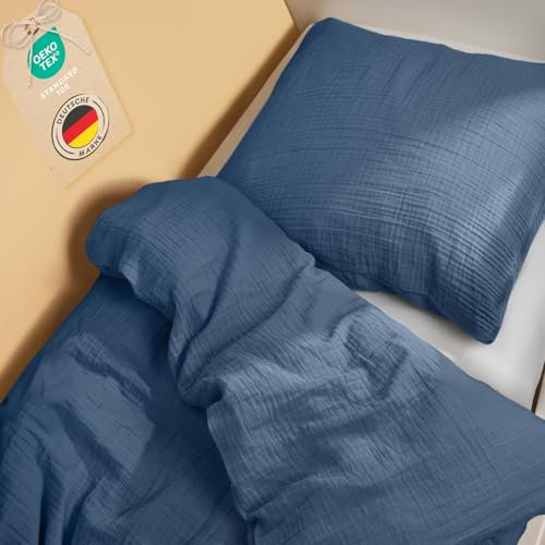 Laleni Kinderbettwäsche 135x200 cm aus Baumwolle - Musselin Bettwäsche 135x200 cm cm + Kissenbezug 80x80 cm - Oeko-TEX zert. Baumwoll Bettwäsche 135x200 + Kissenbezug für Kinderwagen Dunkelblau