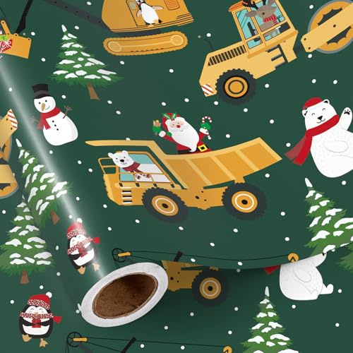 RUSPEPA Weihnachts-Auto-Geschenkpapier Für Jungen, Baufahrzeug, Weihnachtsmann, Schneemann, Pinguin Und Bär, Grünes Geschenkpapier Für Kinder, Weihnachtsfeier, 43,2Cm X 5M