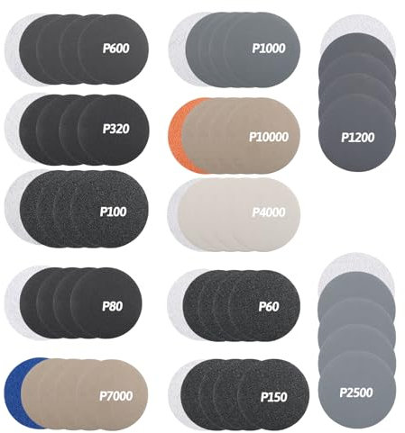 3 Inch Sanding Discs, 60 Pcs Wet Dry Sandpaper Pads 60/80/100/150/320/600/1000/1200/2500/4000/7000/10000 Grit for Wood Metal Jewelry Car Polishing
