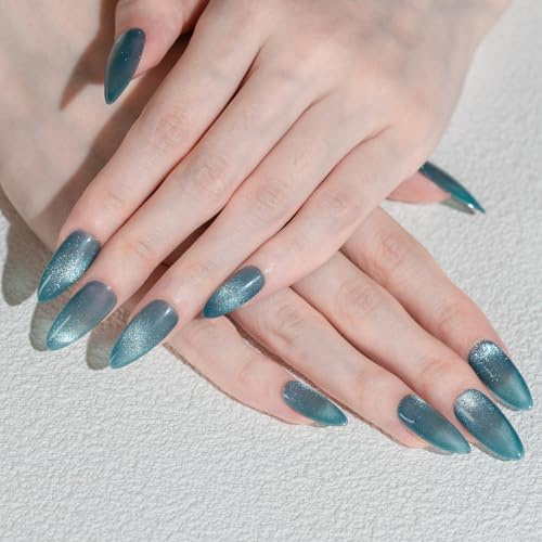 Sun&Beam Nails Handmade Press-On Nails Medium Almond Teal (#241 M) | Handmade 10-piece set in teal with subtle shimmer and fine glitter accents