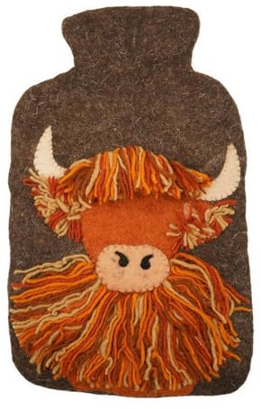 Pachamama Handfelted 100% Wool Hot Water Bottle Cover and 2 Litre Hot Water Bottle - Hairy Highland Cow Pattern Handmade Fair Trade Multicoloured Thermal