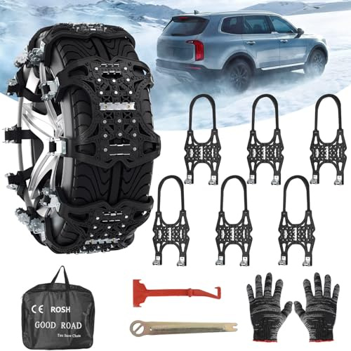 Eikuavons Schneeketten Set, 12 Stück Universal Reifen Schneekette TPU mit Stahlnieten, 165-285mm Reifenbreite, mit Handschuhen, Schaufel und Werkzeug