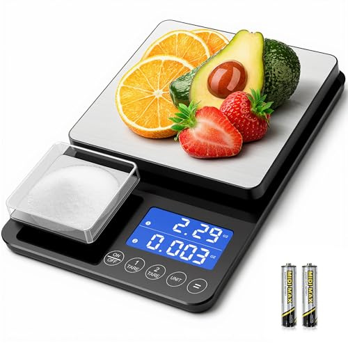 Dual Platform Kitchen Scales with High Precision: 15kg/33lb Capacity at 1g & 500g Capacity at 0.01g, Professional Food Scales for Baking Sourdough Bread and Cooking, 7 Units, Tare, Accumulation, Black