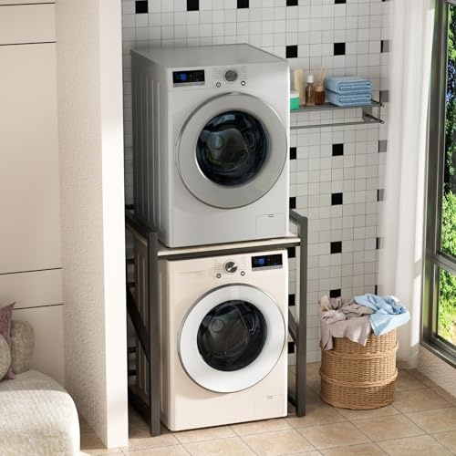 Washing Machine Stacking Stand, Height Adjustable Washer Dryer Stacking Rack with Countertop, Freestanding Laundry Stacking Frame for Bathroom Utility Room Balcony Space Saving