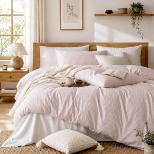 Lanqinglv Bettwäsche 135x200 Baumwolle Gestreift Rosa,100% Renforce Baumwolle Bettwäsche Set mit Reißverschluss,ÖKO-TEX Bettwäsche für Allergiker Geeignet,1 Bettbezug & 1 Kissenbezug 80x80 cm