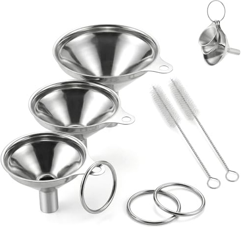 3Pcs Oil Funnel Set, Stainless Steel | 3Pcs Stainless Steel Funnels with 2 Brushes & 3 Rings, for Oil, Liquids, Spices, Powder