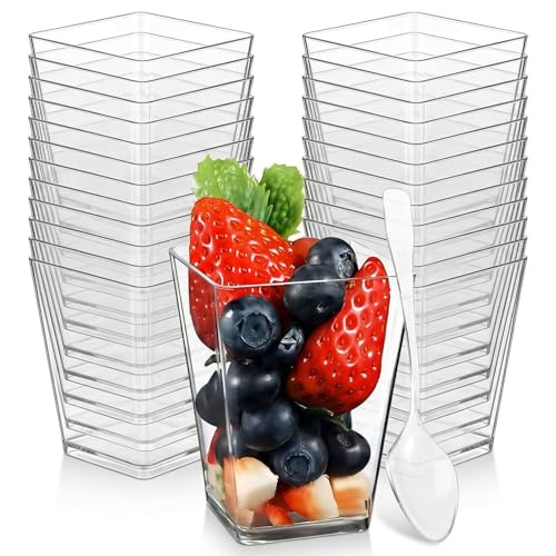 Belegao 50pcs 5oz Dessert Cups with Spoons Food Grade Hard Plastic Square | Mini Dessert Cups, Parfait Appetizer Cup, Cheesecake Pots, Reusable for Birthday Wedding Picnic Party Pudding Mousse Tiramisu