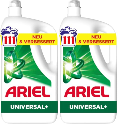 Ariel Flüssigwaschmittel, 111 Wäschen, Universal+ Waschmittel, Fleck-Weg-Power beim 1. Waschen, selbst in kaltem Wasser (Packung mit 2)