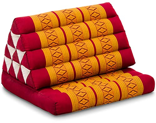 livasia Thaikissen mit 1 Auflage - 75x50x8cm - Dreieckskissen mit Sitzkissen, Keilkissen mit Kapok, Rückenkissen faltbar, Thaimatte zum Klappen, handgefertigt, Meditationskissen (Rot/Gelb)