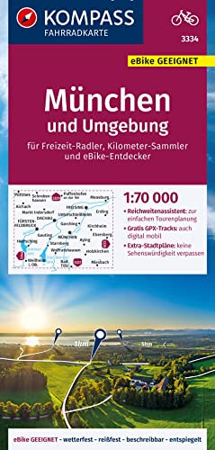 KOMPASS Fahrradkarte 3334 München und Umgebung 1:70.000: reiß- und wetterfest mit Extra Stadtplänen