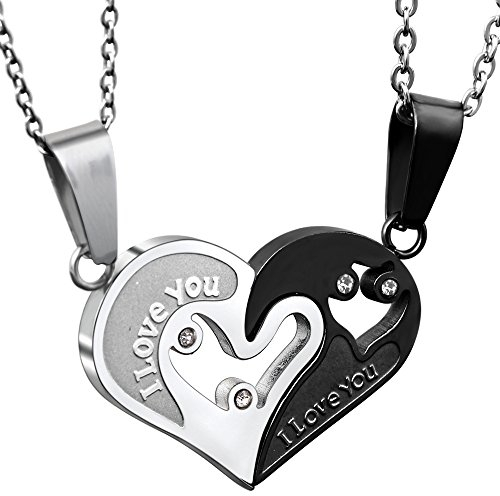 JewelryWe Valentinstag Schmuck 2 Freundschaftsketten Herz Edelstahl Partner-Anhänger mit 45cm und 55cm Kette, Halskette für Damen & Herren, Schwarz Silber