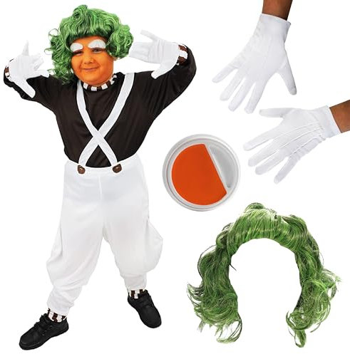 Boys Chocolate Factory Worker - Large - Brown Top, White Dungarees, Green Wig, White Gloves, Orange Facepaint - Kids World Book Day Book Week Fancy Dress Costume