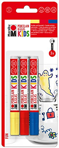 Marabu 0125000000082 - Porcelain & Glas Painter Kids, Set Fun mit 3 Farben, Porzellan- und Glasmalstift für Kinder, kinderleichtes Malen, spülmaschinenfest nach Einbrennen, Spitze 1 - 3 mm