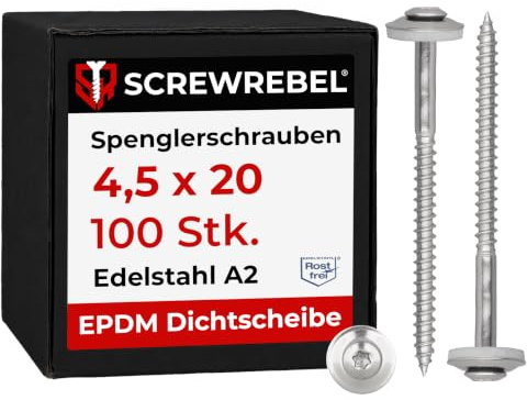 100 Stück SCREW REBEL Spenglerschrauben 4,5 x 20 mm - Edelstahl A2, Inox mit EPDM-Dichtscheibe Ø15mm TX 20