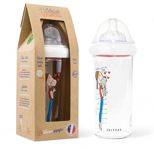 Le Biberon Français - Biberon Anti-Coliques Premium 6 Mois et Plus - Biberon 360ml à Col Large - Léger et Durable - Tétine à 3 Vitesses en Silicone Pur - BPA, BPS, BPF Free