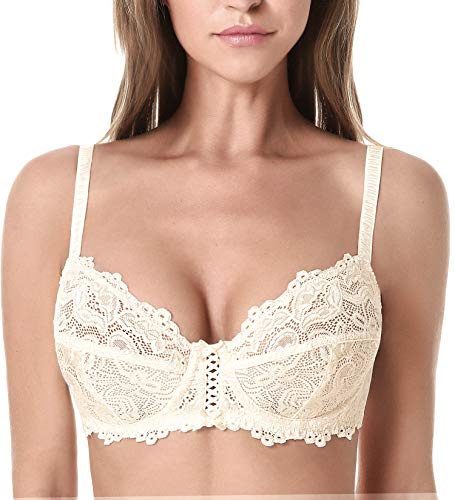 WingsLove Women's Floral Lace Bra Underwire Non Padded Soft Cup Full Coverage Nude 32G