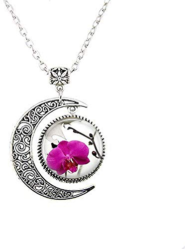 Orchid Moon Necklace,Dream Flowers Orchid,Handmade Moon Necklace, Glass Art Photo Jewelry