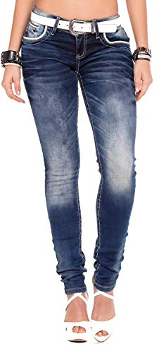 Cipo & Baxx Damen Jeans Hose Slim Fit Ziernähten Casual Denim Stonewashed Pants WD256 Blau W31 L32