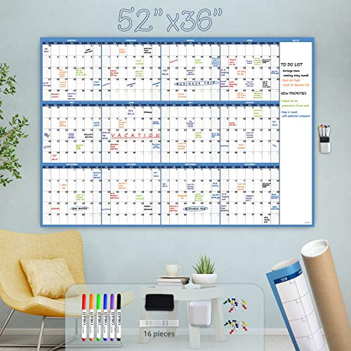 Großer trocken abwischbarer Wandkalender – 132.1x91.4 cm – blanko undatierter Jahreskalender – Whiteboard-Premium-laminierter Planer – wiederverwendbarer, laminierter Büro-Jumbo-Kalender für 12 Monate