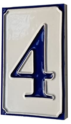 Piastrelle per numeri civici in ceramica italiana, dipinte a mano, semplici, bianche e blu, con lettere e numeri, 11 x 7 cm (numero 4)