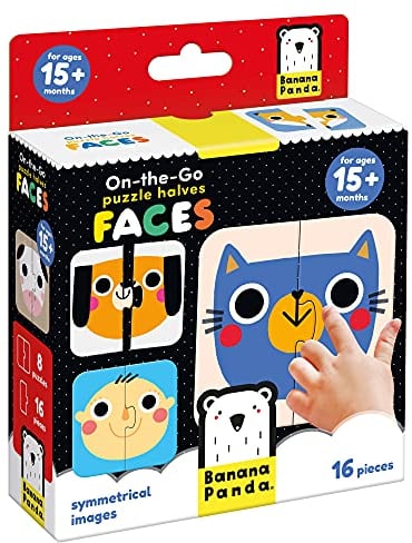 Banana Panda On-The-Go Enthält 8 Zweiteilige Anfängerpuzzles zur Förderung von frühem Lernen und Feinmotorik, Puzzle Halves Faces 15m+