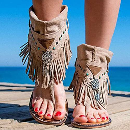 BBOOY Infradito da Donna con Frange, Sandali Vintage a Punta Alta con Clip, Sandali da Viaggio da Spiaggia con Perizoma Piatto Estivo Traspiranti,Cachi,37