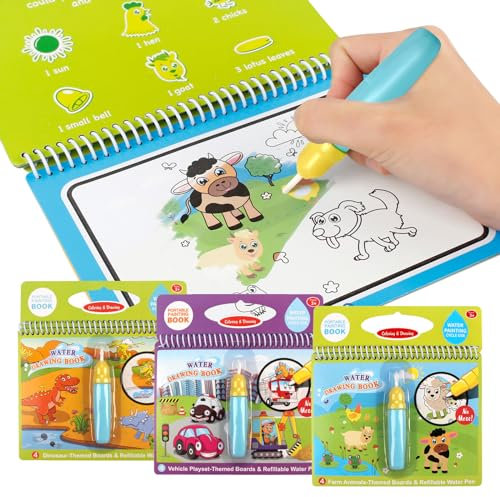 Joyfia Livre Dessin Eau Coloriage Eau Livre pour Enfants, Peinture Eau Magique avec Stylos, Education Dessin Jouet Cadeau pour Filles Gar?ons Tout-petits (Dinosaures, Animaux et V¨¦hicules)