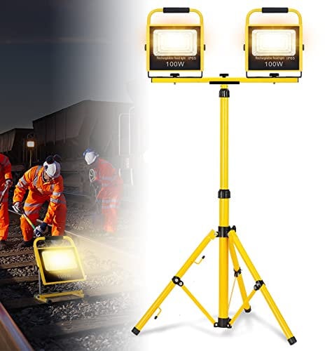 ACXIN LED Baustrahler mit Stativ 2*100W Warmweiß Akku Strahler Arbeitstrahler Arbeitsscheinwerfer mit Warning-Flash Flutlicht IP65 Baustellenlampe höhenverstellbar für Camping Werkstatt Konstruktion