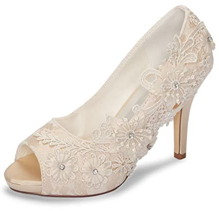 Emily Bridal Wedding Shoes Lace Wedding Shoes Lace Peep Toe High Heel Bridal Shoes (EU40/UK7, Champagne)