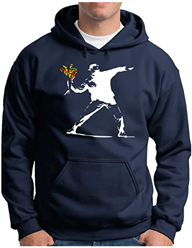 OM3® Banksy Flower Thrower Hoodie - Herren - Urban Street Art Peace Graffiti Punk Indie Sozial Kritik - Kapuzen-Pullover Navy, XL
