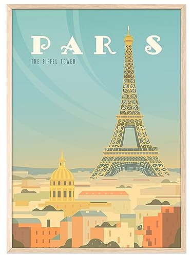 JUNOMI® Paris Poster XL, DIN A2 Wohnzimmer Deko, Modernes Wandbild, Paris Bild, Reiseposter, Paris Wandbild | Mit Rahmen Natur