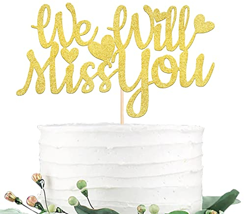 SYKYCTCY 1 Pack We Will Miss You Cake Topper Glitter Red Love Heart Good Luck Cake Pick Retirement Theme Going Away Party Cake Decorations Gold