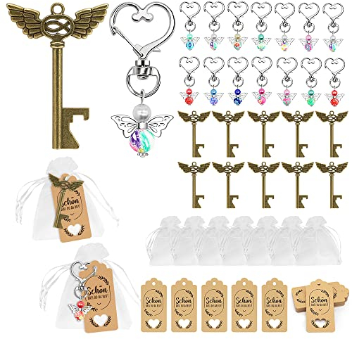 24 Stück Hochzeit Taufe Anhänger set mit 12 Schutzengel Anhänger+12 Vintage Schlüssel Flaschenöffner, Gastgeschenke Taufe Schutzengel für Hochzeit Taufe Weihnachten Geburtstag Konfirmation